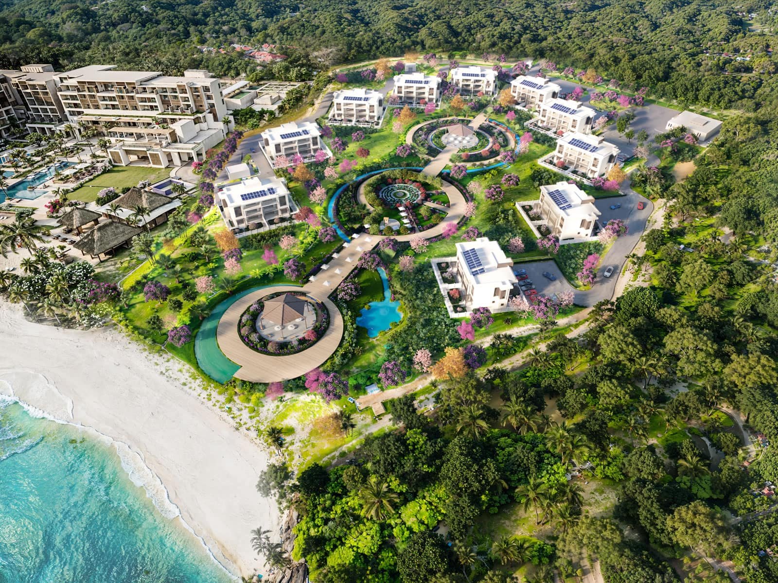 Artist's rendering of the Six Senses La Sagesse estate layout beside its Grenada beach