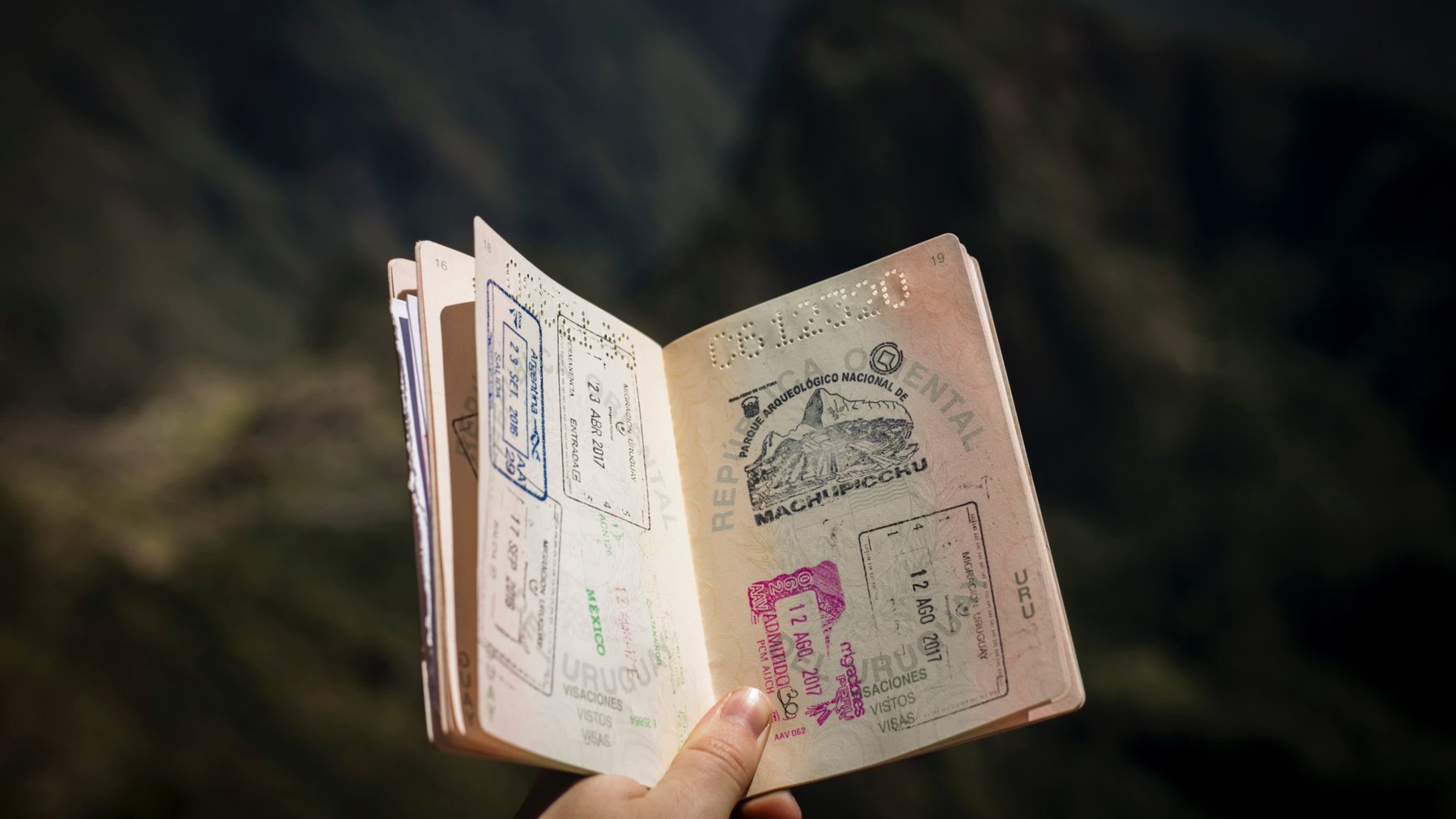 A well-thumbed passport held open, its pages covered in entry and exit stamps