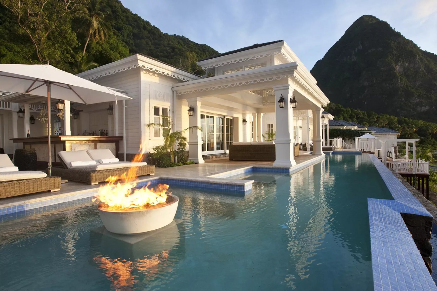 Villa terrace and infinity pool with fire bowl at Sugar Beach, beneath Petit Piton, St. Lucia