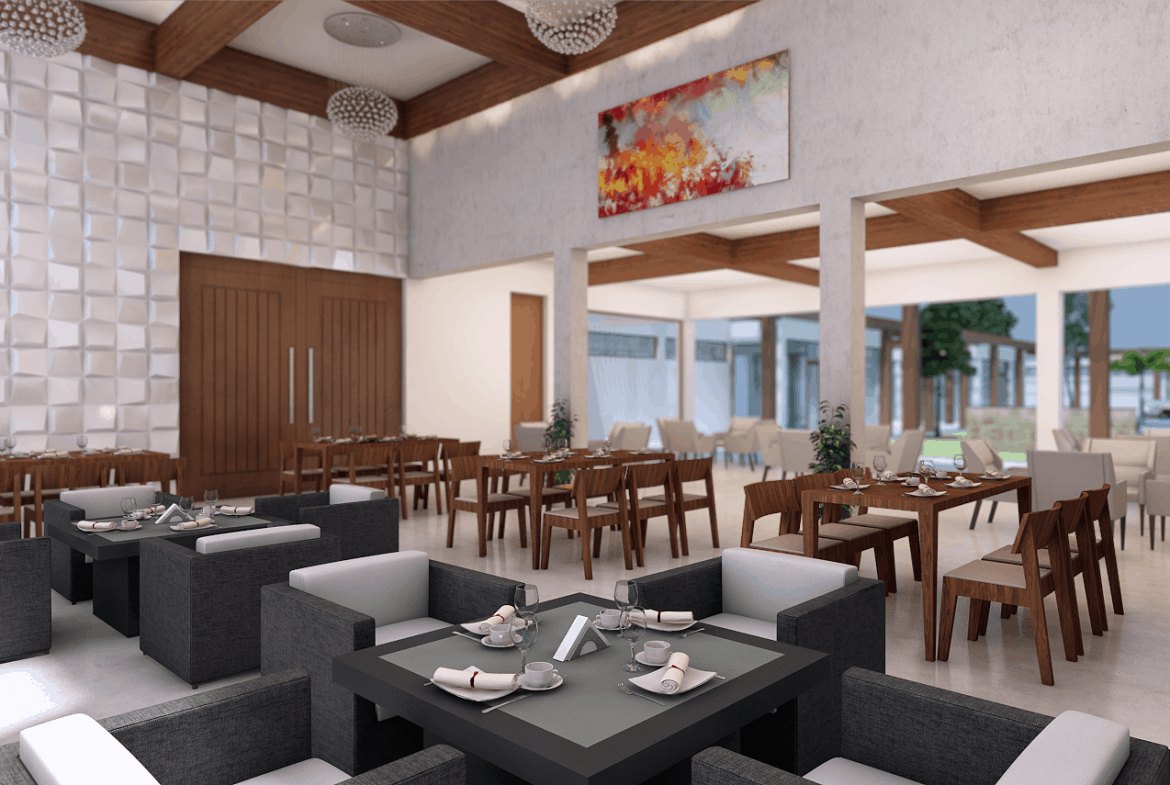 Artist's rendering of the Belmont Gardens Nevis clubhouse dining room with lounge and table seating