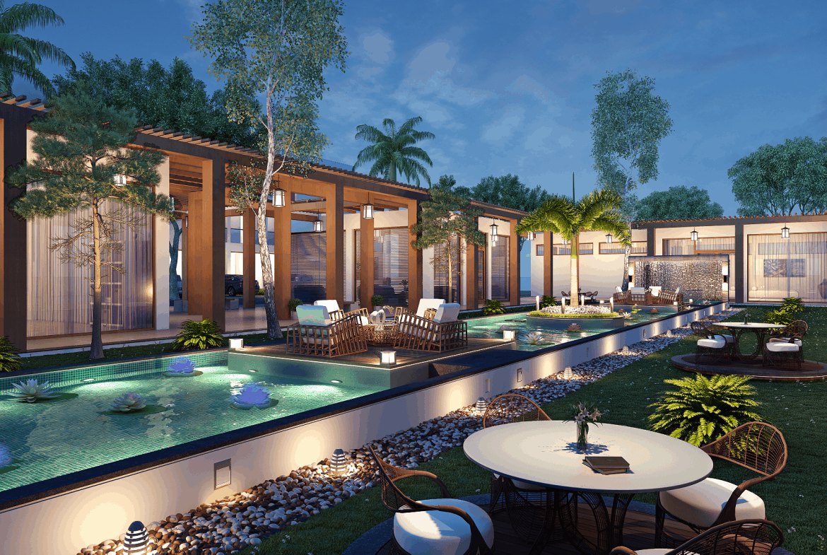Artist's rendering of Belmont Gardens Nevis lit reflecting pool and terrace seating at dusk