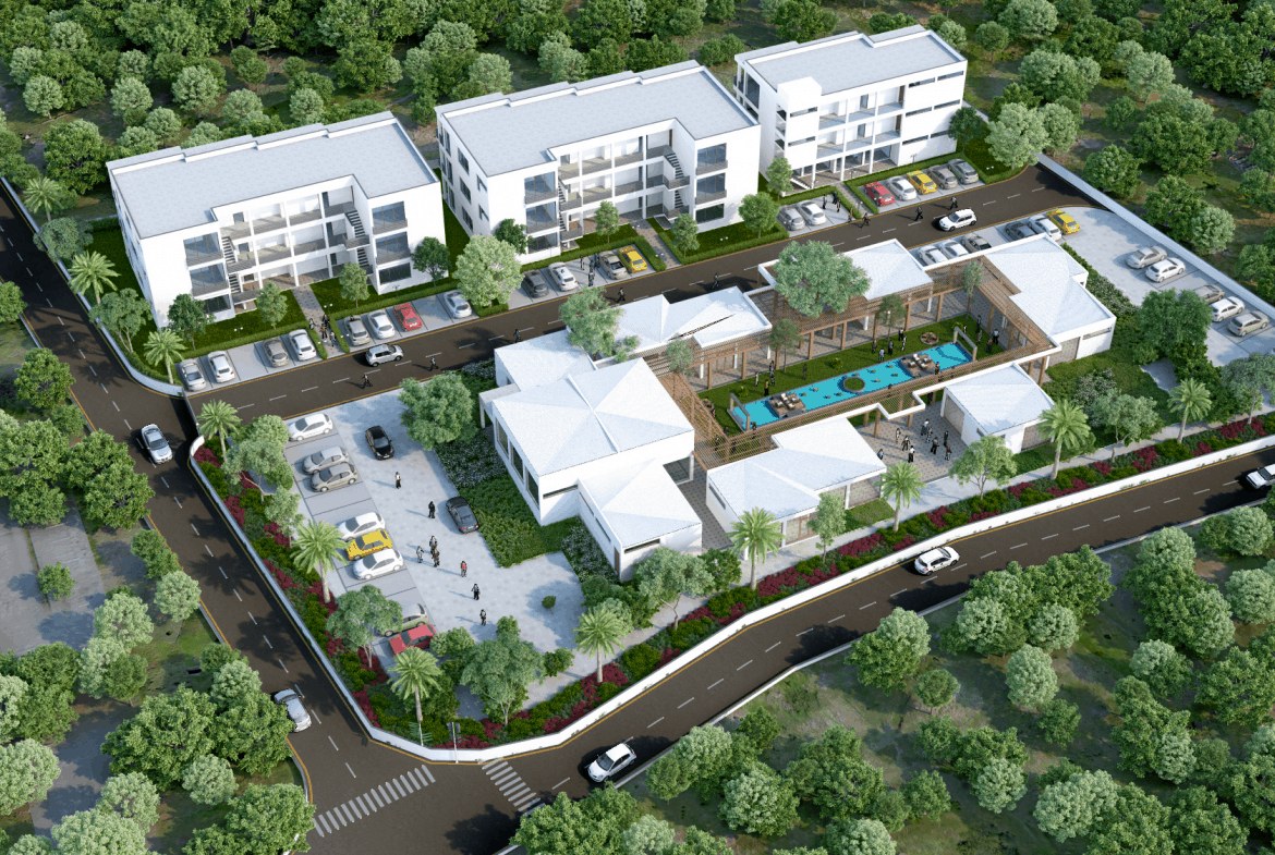 Artist's rendering of Belmont Gardens Nevis aerial view showing apartment blocks and the central clubhouse courtyard