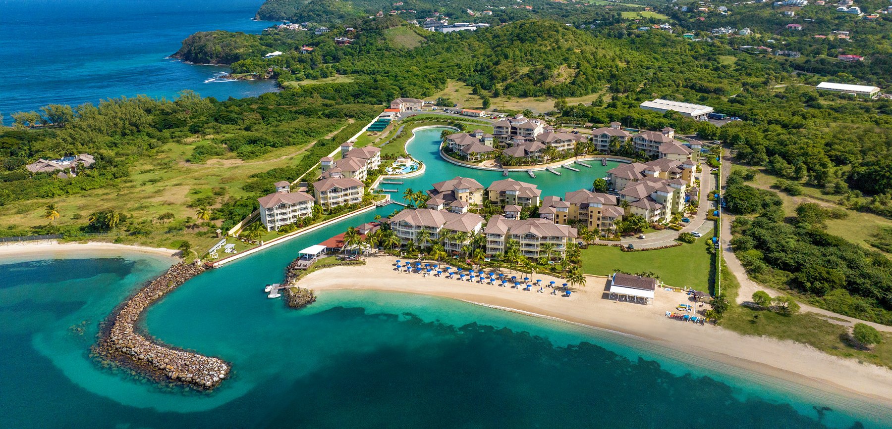 Aerial of The Landings resort on Rodney Bay causeway, inner marina lagoon and beach