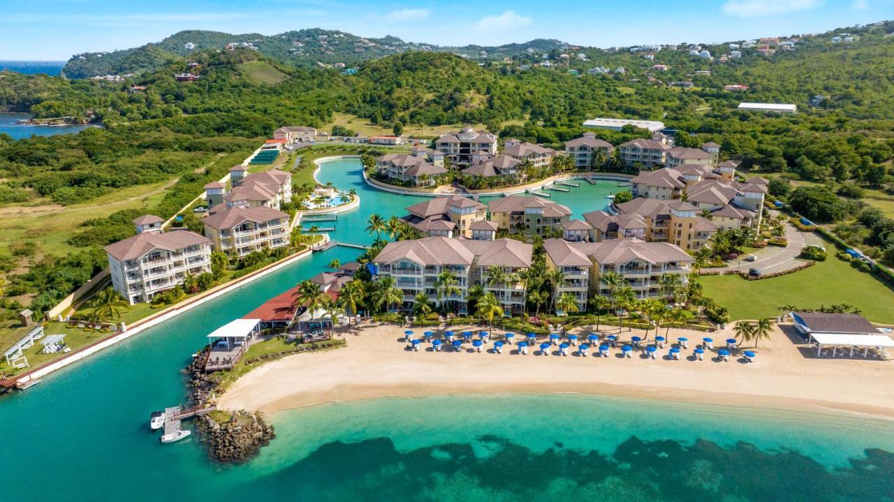 Aerial view of The Landings St. Lucia, yachts moored beside marina-front residences, Rodney Bay