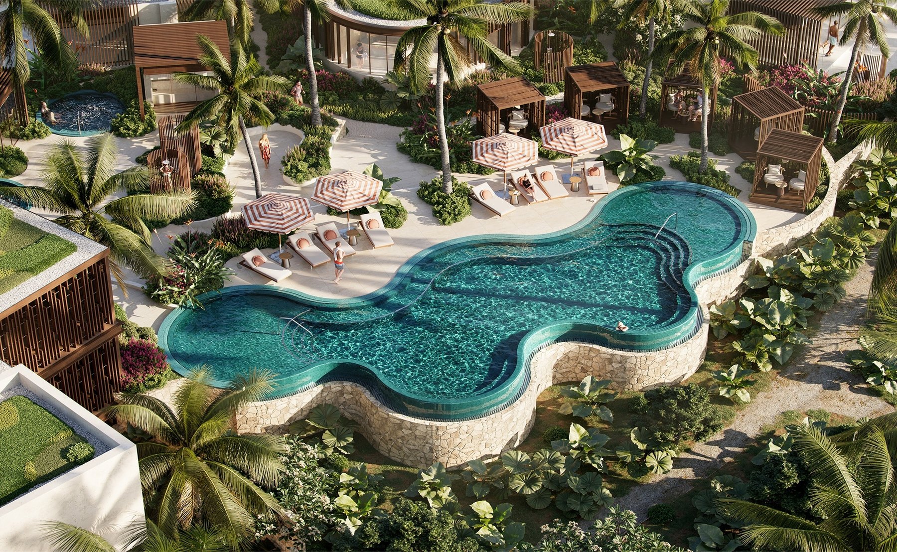 Artist's rendering of the freeform resort pool and shaded cabanas at The Setai, Indigo Bay