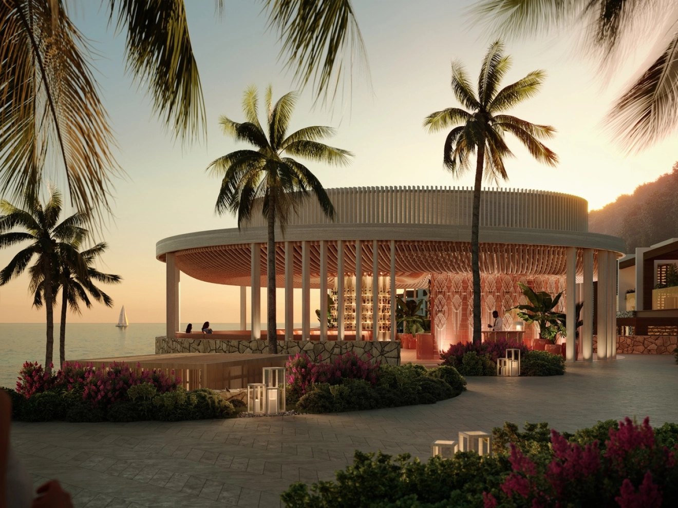Artist's rendering of The Setai Sint Maarten's circular oceanfront bar pavilion at sunset, Indigo Bay