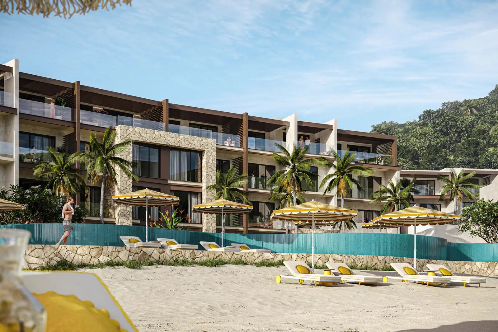 Artist's rendering of The Setai's beachfront residence buildings seen from the sand at Indigo Bay