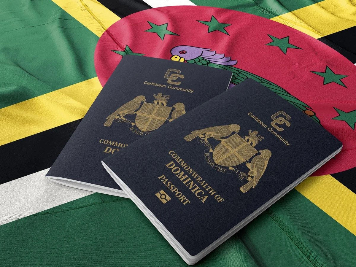 Two dark blue Caribbean Community passports resting on a green, yellow and red flag