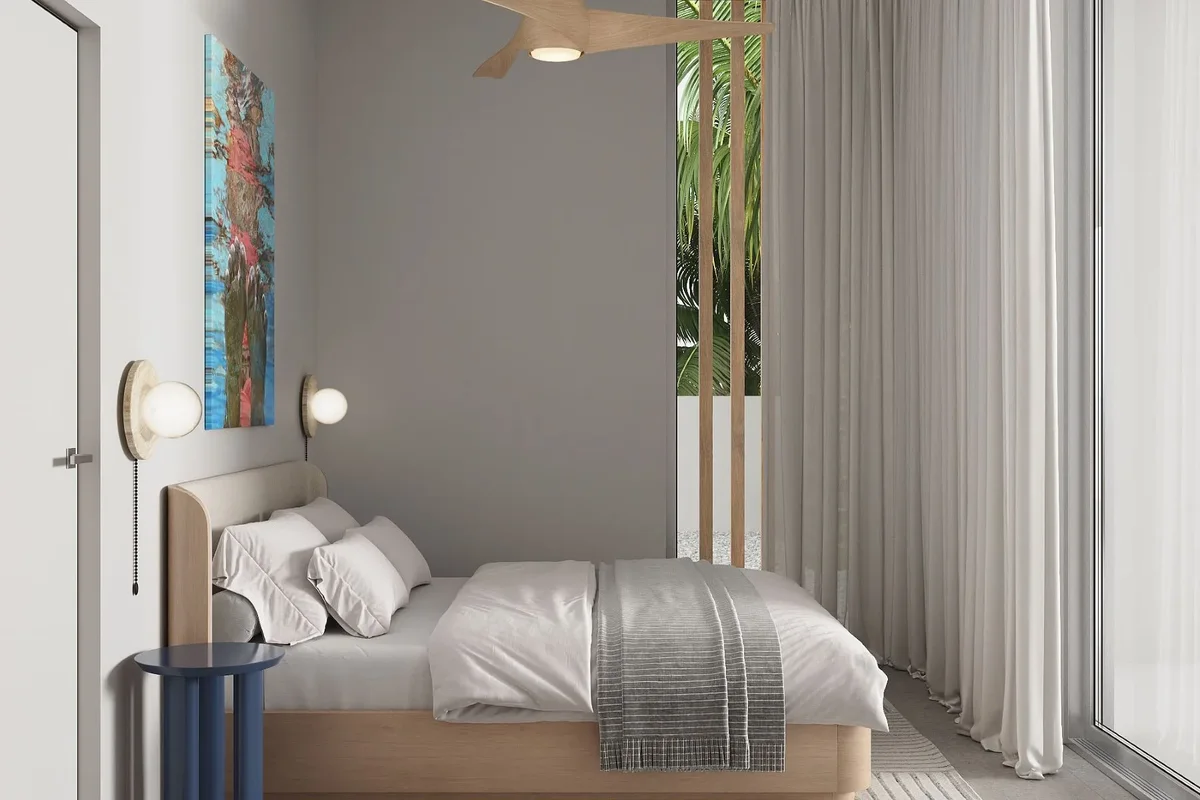Artist’s rendering of a bedroom with a woven headboard