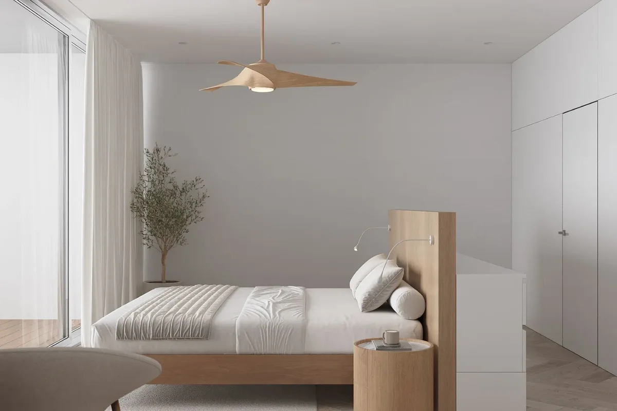 Artist’s rendering of a bedroom with a timber bedhead and potted olive