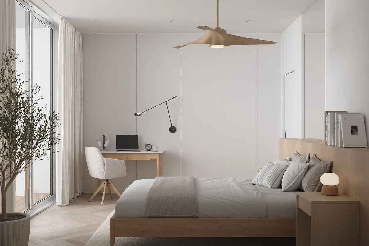 Artist’s rendering of a bedroom with a desk under the window