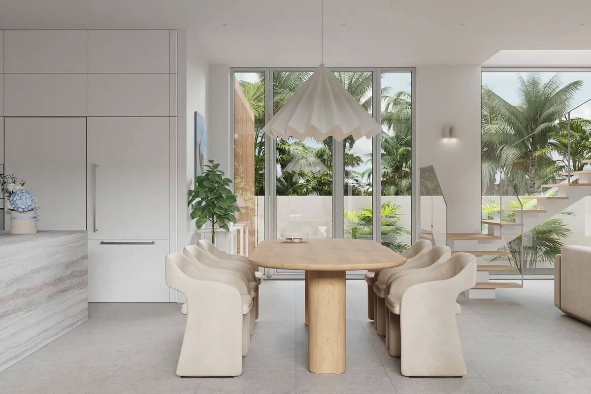 Artist’s rendering of the living and dining space opening to the terrace