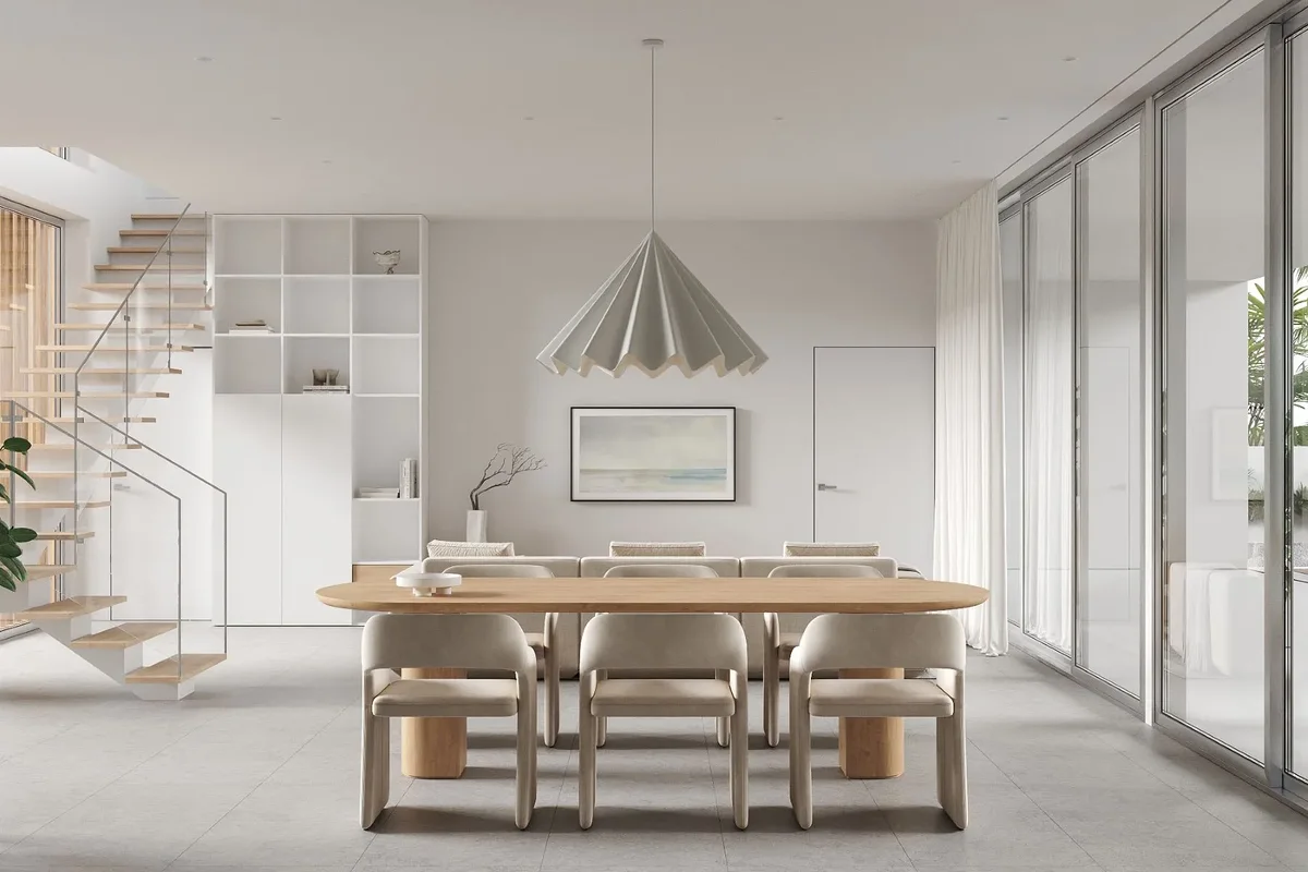 Artist’s rendering of the dining table beneath a sculptural pendant