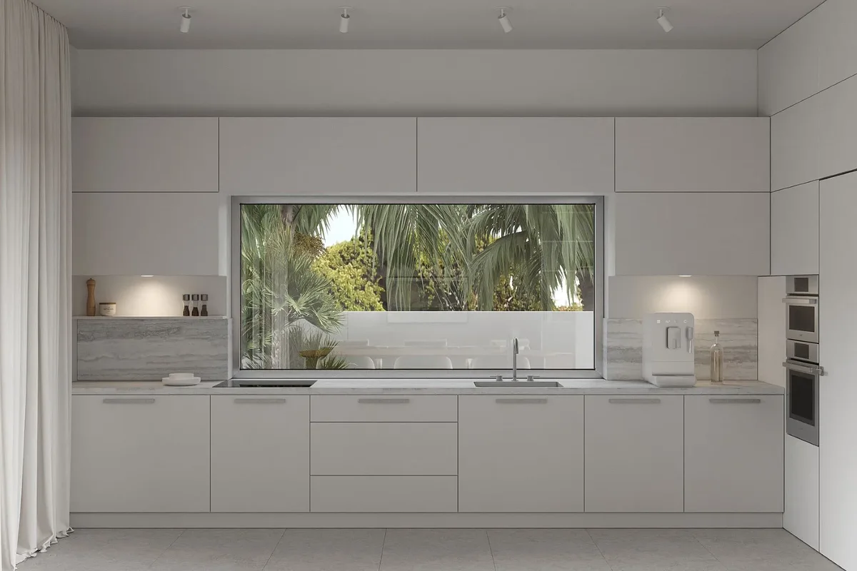 Artist’s rendering of the kitchen, with a window over the counter