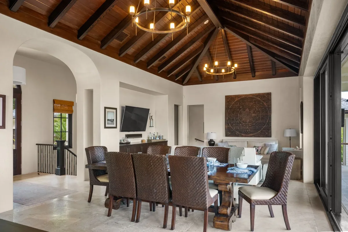 The formal dining room under the chandelier