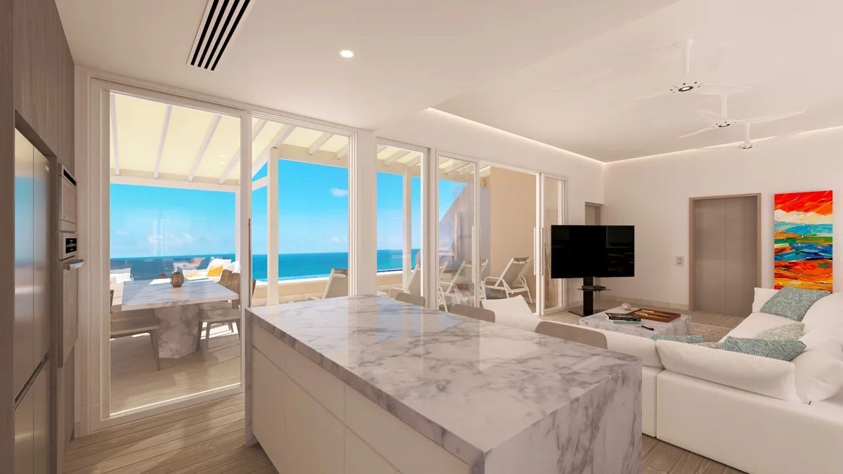 Artist&rsquo;s rendering of outer penthouse kitchen render: marble waterfall island in the foreground, integrated fridge and wall ovens