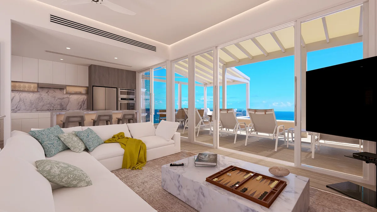 Artist&rsquo;s rendering of outer penthouse living room render: white sectional with patterned cushions and chartreuse throw, backgammon