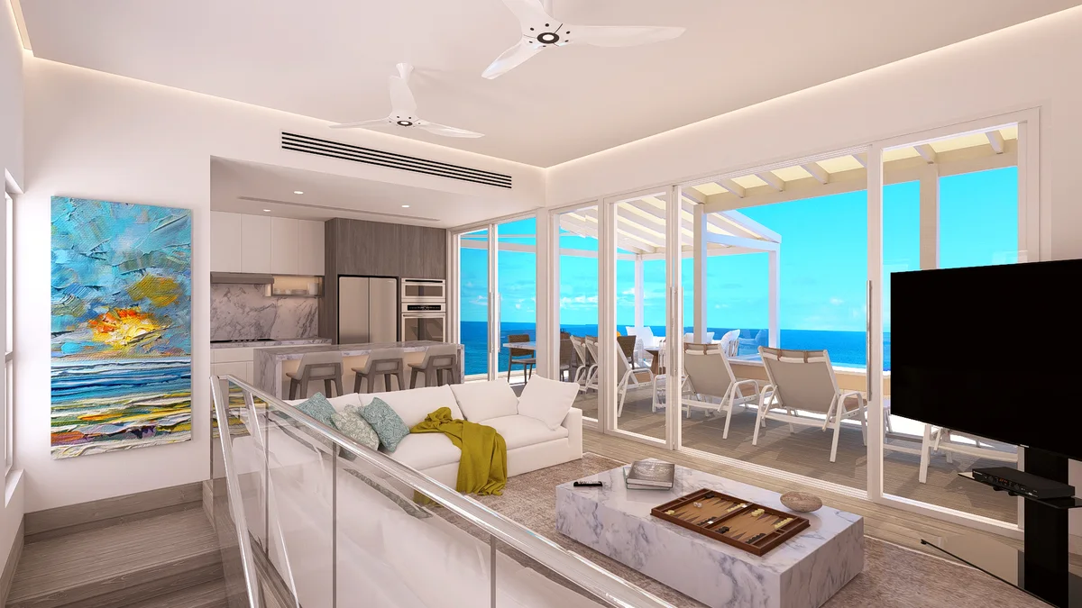 Artist&rsquo;s rendering of outer penthouse upper-level landing render looking down over the living area past a glass-and-steel balustrade: