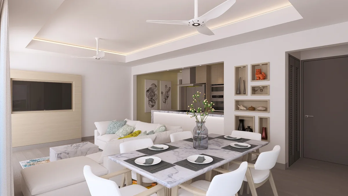 Artist&rsquo;s rendering of phase 4 two-bedroom render: marble dining table set for six in the foreground, open kitchen with island and