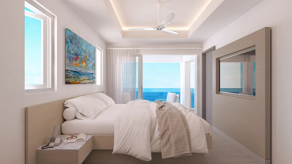 Artist&rsquo;s rendering of phase 4 two-bedroom primary bedroom render: white bedding on a timber platform bed, cove-lit tray ceiling with