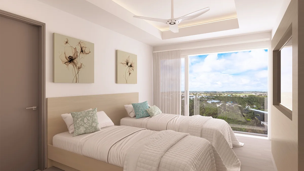Artist&rsquo;s rendering of phase 4 two-bedroom second bedroom render: two single beds sharing a timber headboard, pair of floral prints