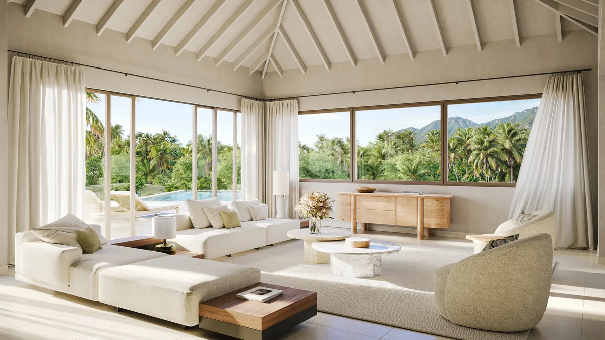Artist’s rendering of the living room, open on two sides