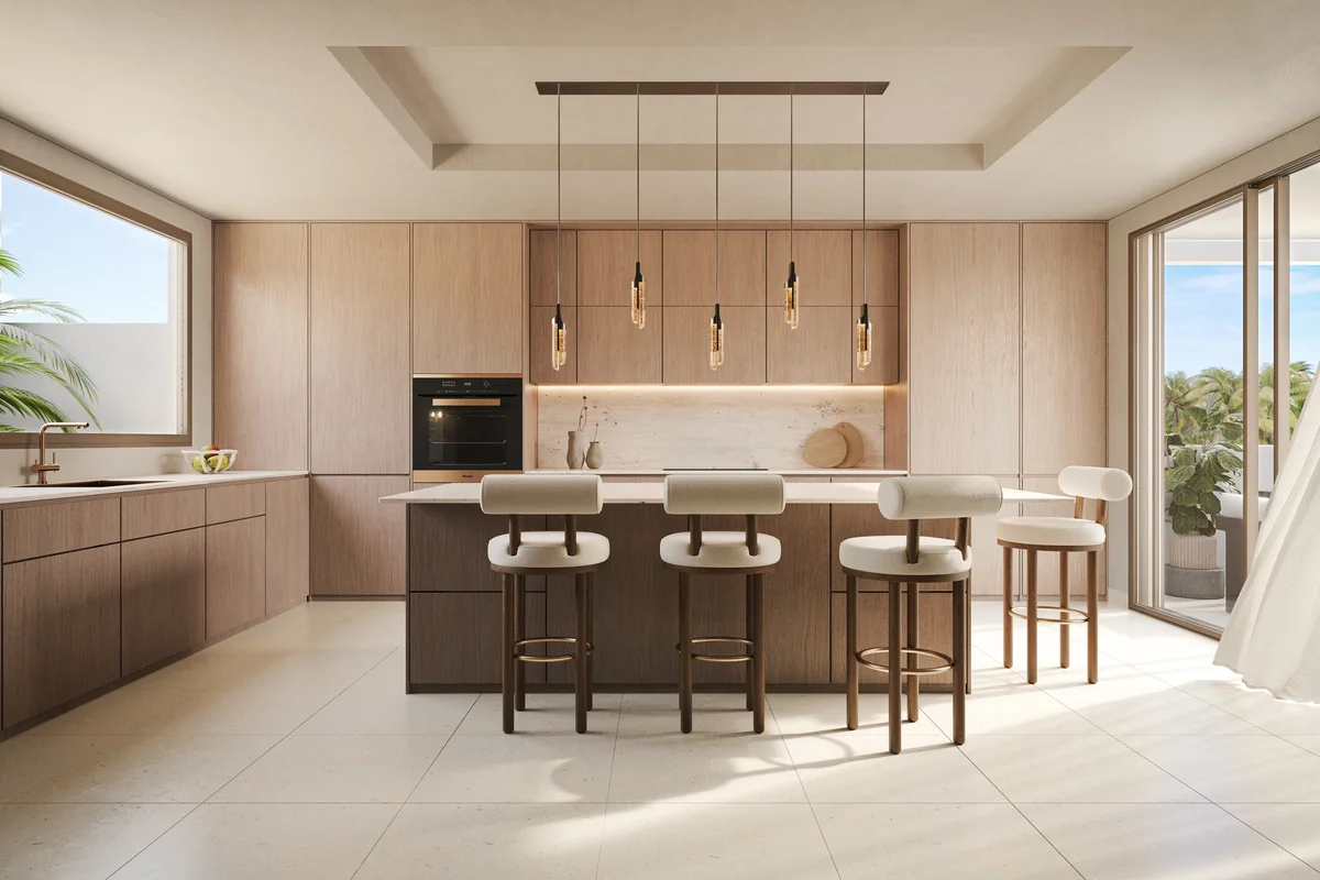 Artist’s rendering of the kitchen and breakfast bar
