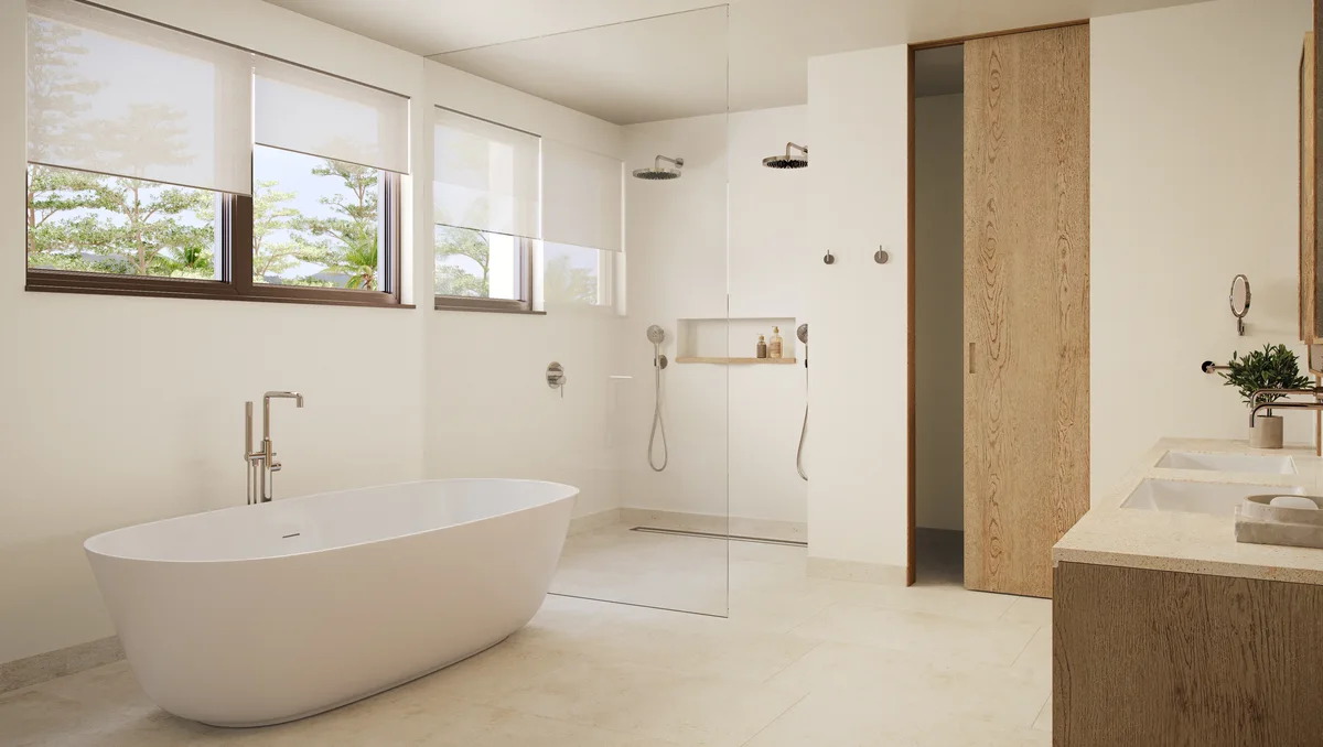 Artist’s rendering of a bathroom with a freestanding tub