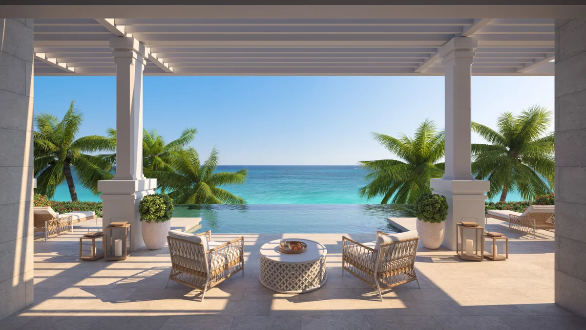 Artist’s rendering of a covered outdoor terrace furnished for lounging
