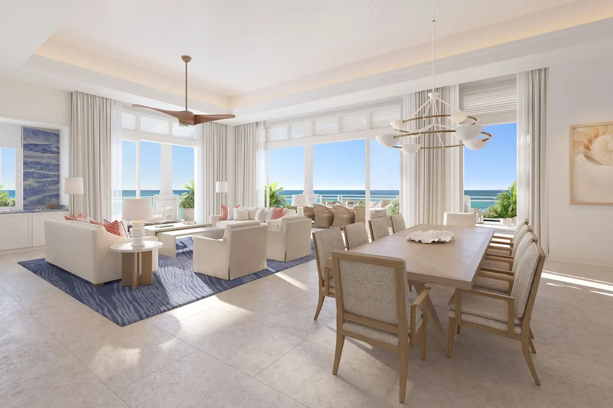 Artist’s rendering of the open-plan living and dining room facing the ocean