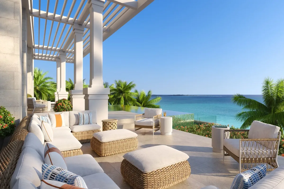 Artist’s rendering of a terrace lounge looking out over the water