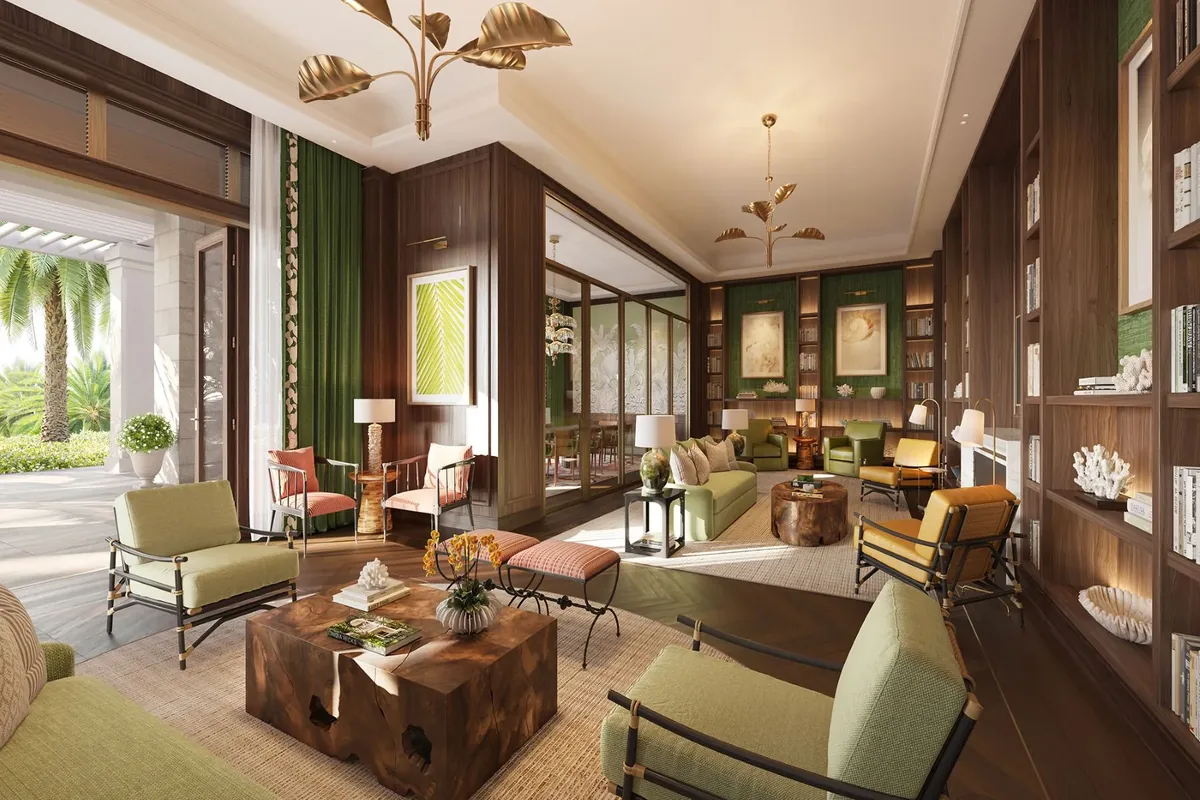 Artist’s rendering of the residents' lounge, panelled in dark timber with garden doors