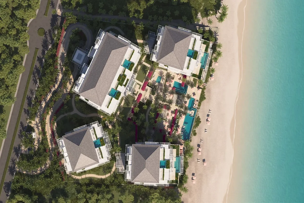 Artist’s rendering of an overhead view of the residence buildings and the beach beyond