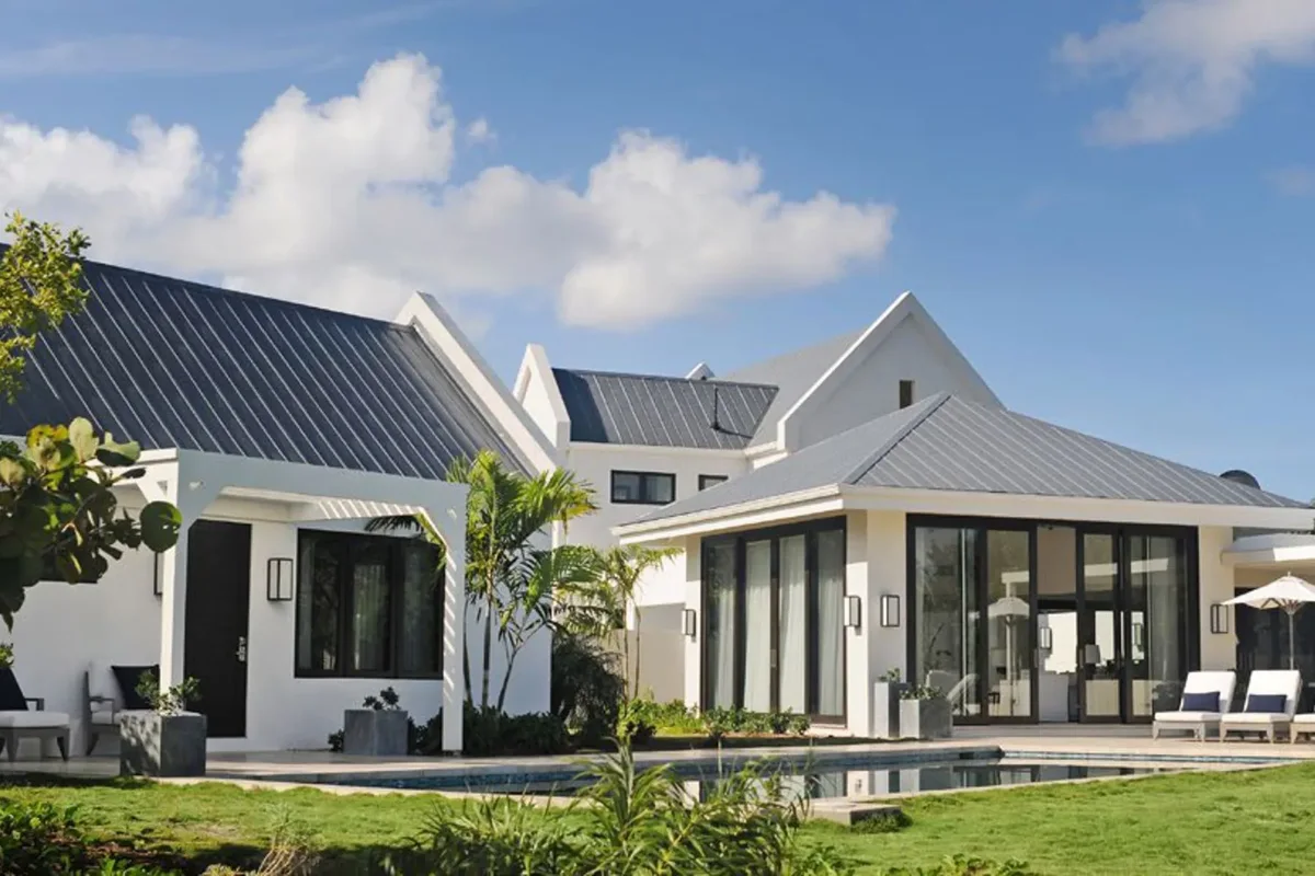 The villa exterior and pool terrace