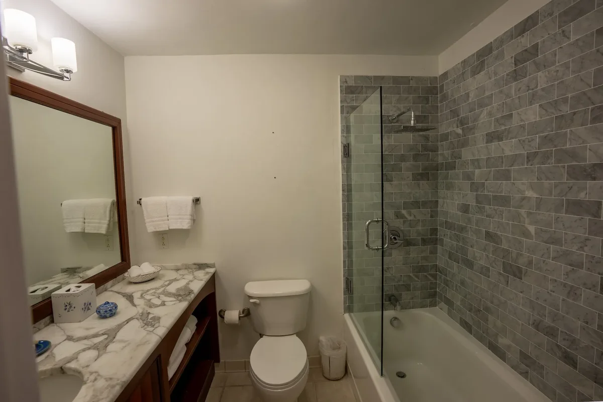A bathroom with a walk-in shower