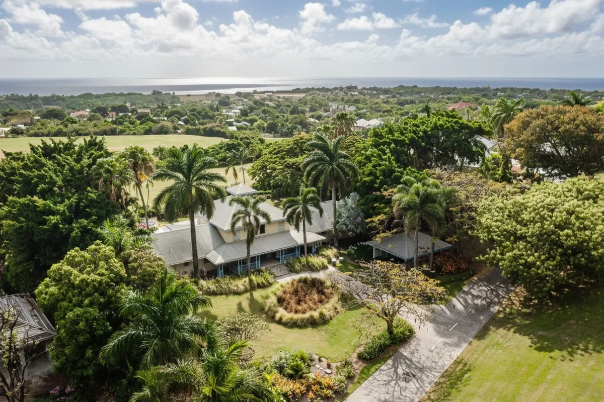 The villa in its gardens from the air