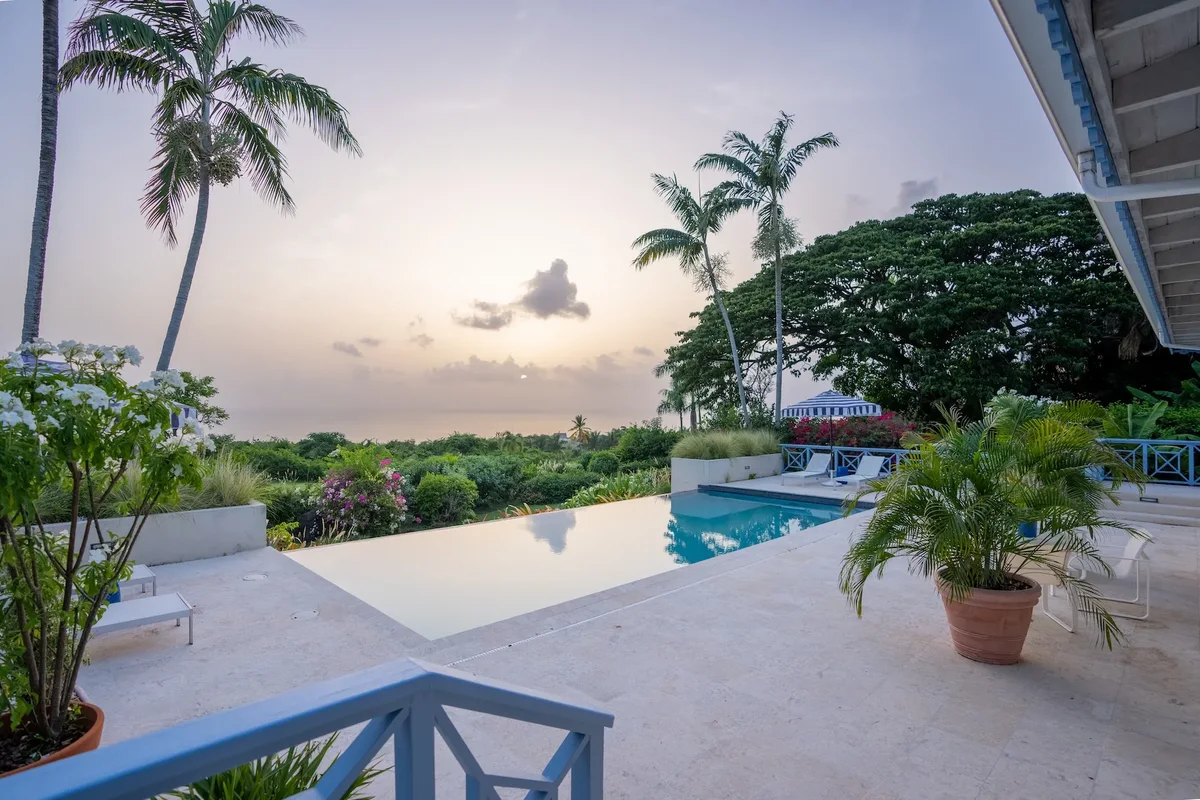 The pool terrace at sunset