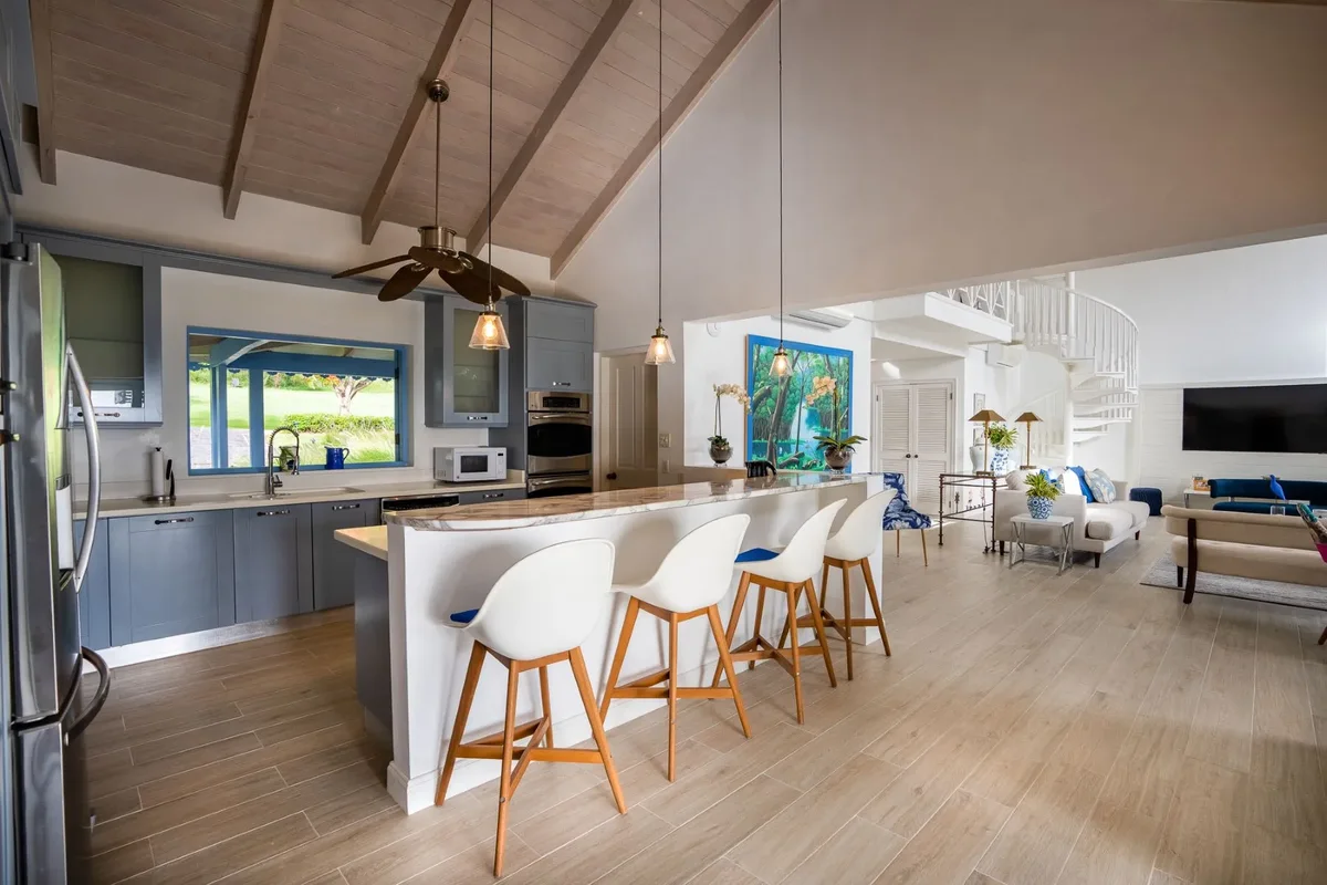The kitchen and open living room