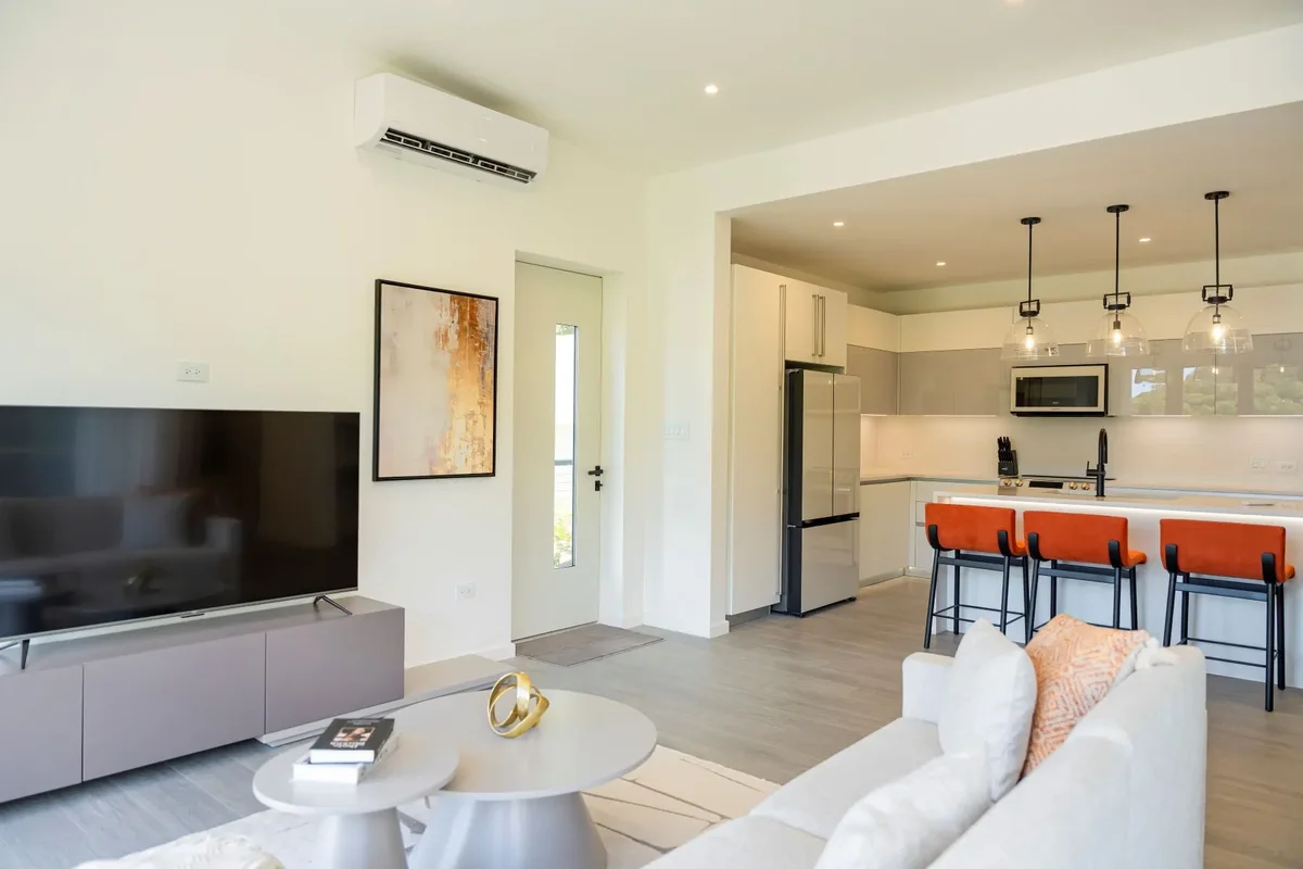The living room and open kitchen