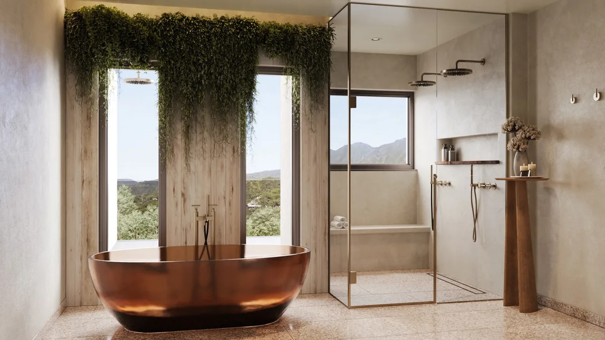 A bathroom with a copper tub