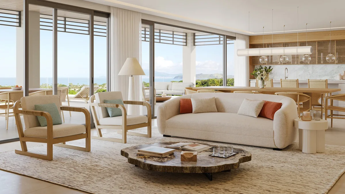 Artist&rsquo;s rendering of the living room open to the terrace