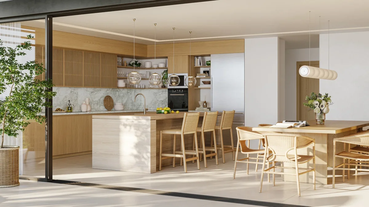 Artist&rsquo;s rendering of the kitchen and dining space