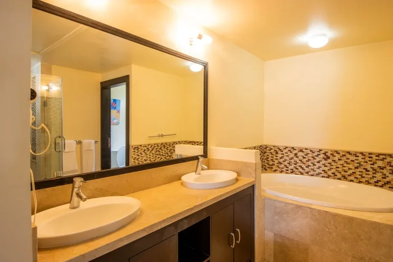 The bathroom vanity and tub