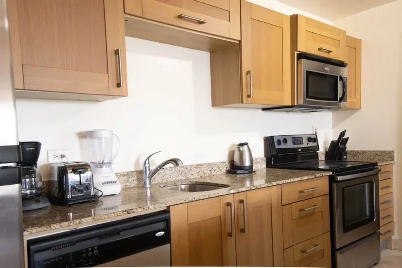 The kitchen counter and appliances