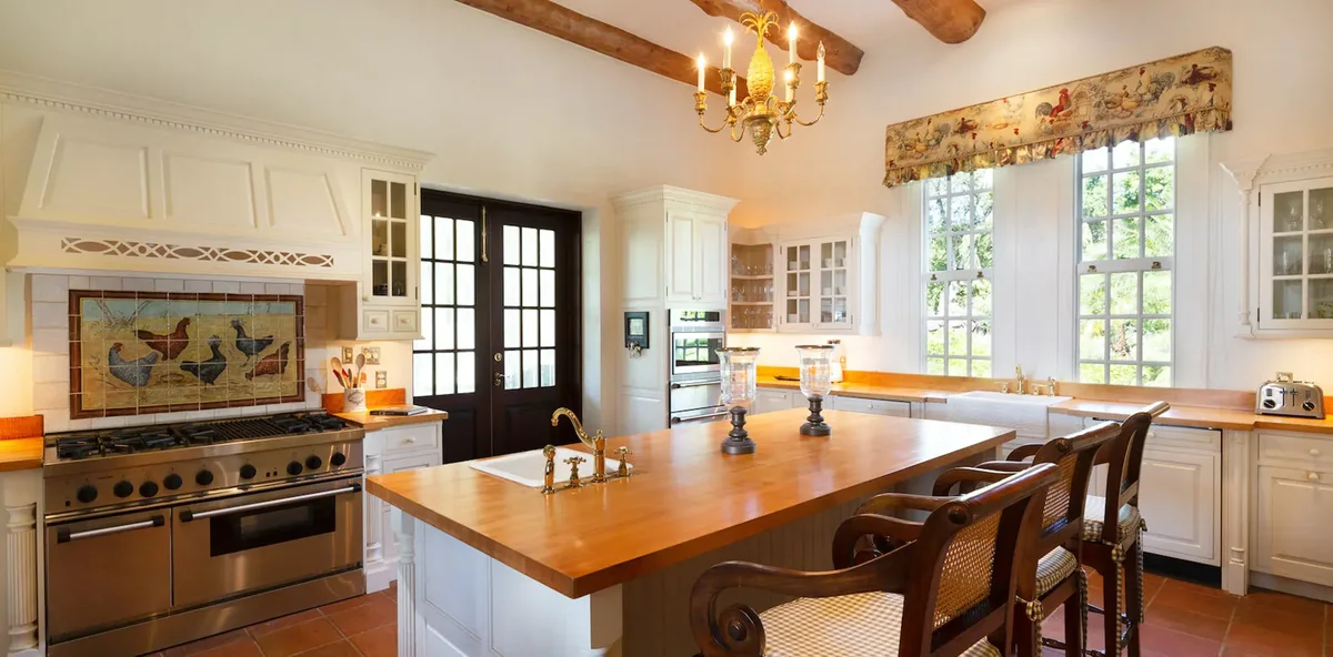 The kitchen with a butcher-block island