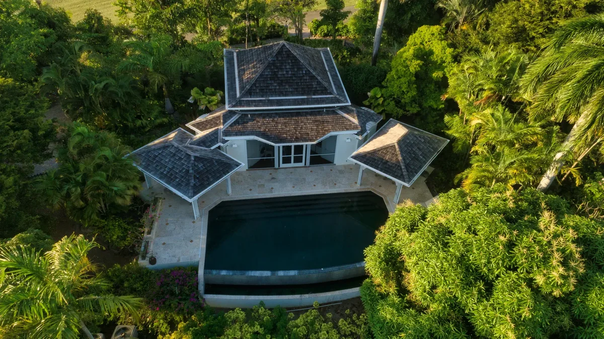 The house and pool from the air