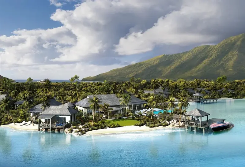 The resort lagoon and villas from the air