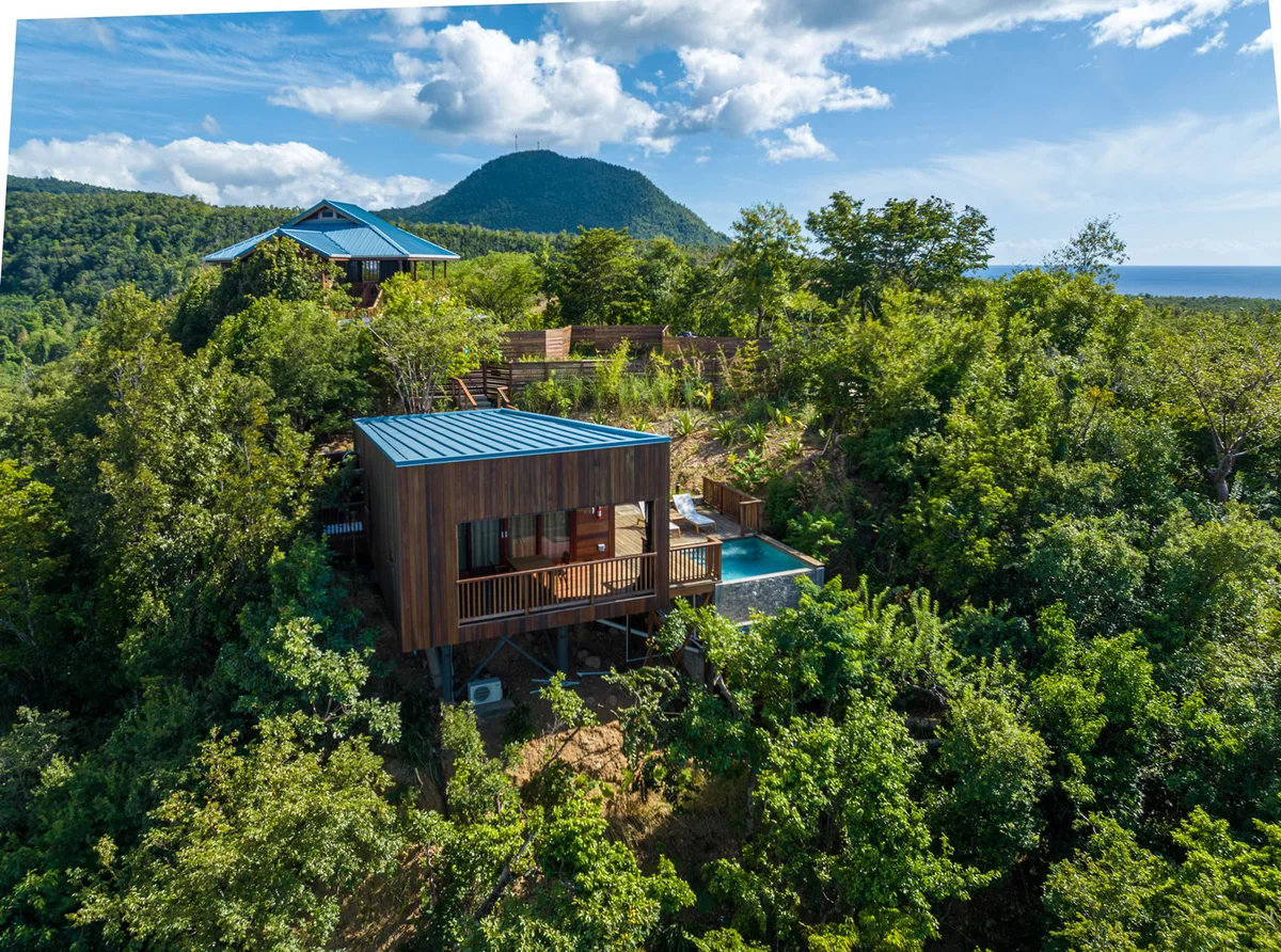 PHOTO β aerial of a built timber villa on stilts with low-pitch roof and plunge pool, set in dense rainforest