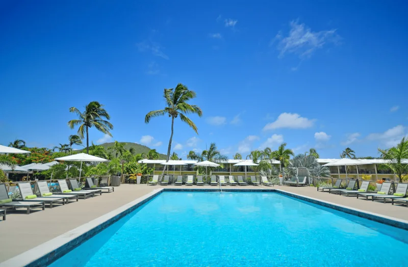 Resort pool on a clear day, white umbrellas and loungers both sides, palms and green hillside behind