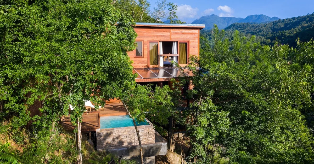 PHOTO — drone view of a timber villa with plunge pool and loungers set into the forest canopy, mountain ridge